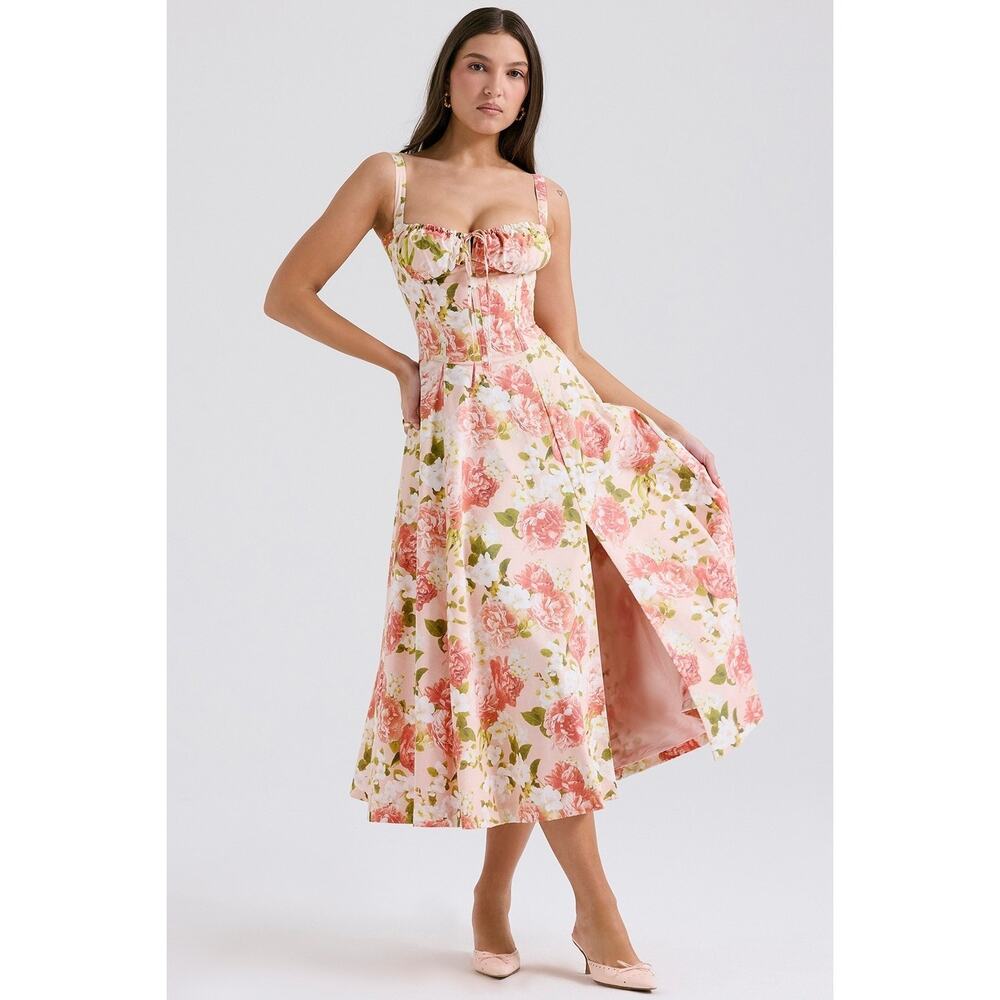 House of CB Carmen Pink Peony Print Cotton Bustier Midi Sundress Size XS - Picture 2 of 10
